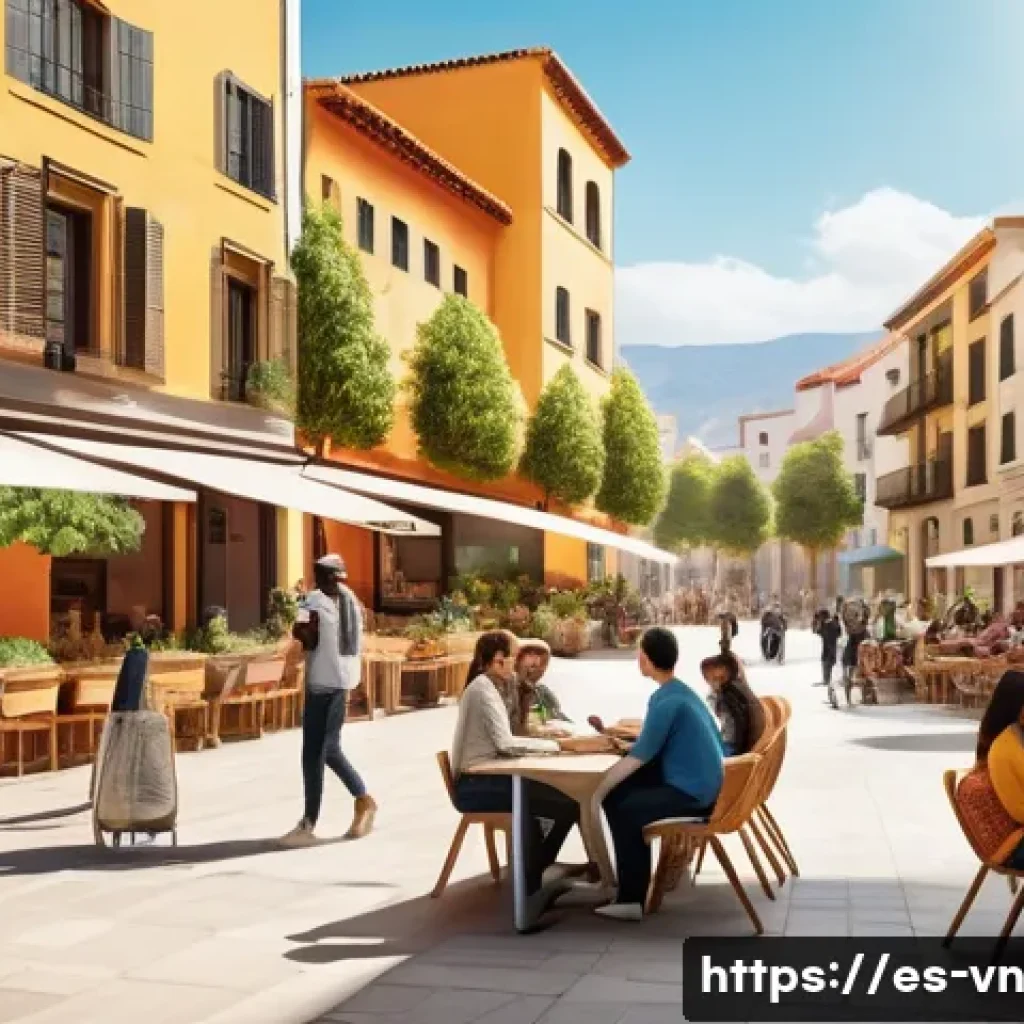 의식적 기술 사용 및 사회적 책임 - A vibrant digital community scene set in a Spanish urban neighborhood, showing diverse people of var...