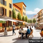 Home 12 의식적 기술 사용 및 사회적 책임 - A vibrant digital community scene set in a Spanish urban neighborhood, showing diverse people of var...