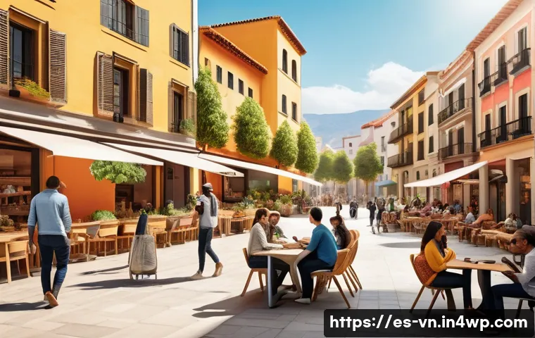 의식적 기술 사용 및 사회적 책임 - A vibrant digital community scene set in a Spanish urban neighborhood, showing diverse people of var...