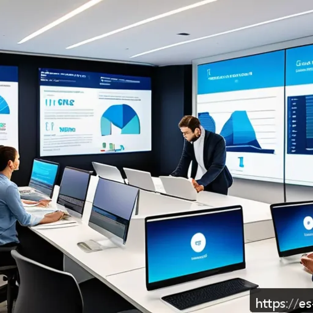 의식적 기술 사용과 비즈니스 전략 - A modern office environment featuring a diverse team of professionals collaborating around a large d...