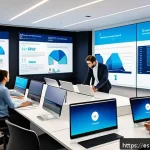 Home 17 의식적 기술 사용과 비즈니스 전략 - A modern office environment featuring a diverse team of professionals collaborating around a large d...