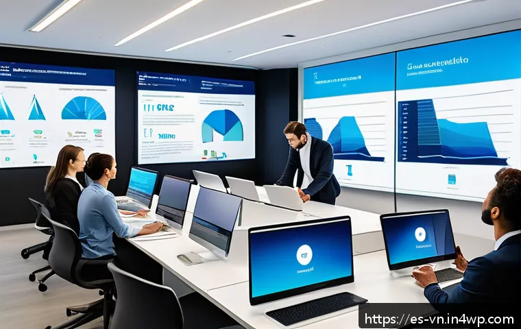 의식적 기술 사용과 비즈니스 전략 - A modern office environment featuring a diverse team of professionals collaborating around a large d...